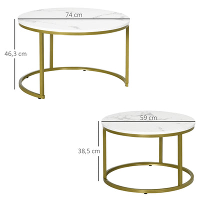 2-Piece Coffee Table Set, Round Side Table, Gold Steel Frame, Stackable Coffee Table with Marble Look, for Living Room, up to 30 kg Load Capacity, White