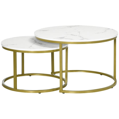 2-Piece Coffee Table Set, Round Side Table, Gold Steel Frame, Stackable Coffee Table with Marble Look, for Living Room, up to 30 kg Load Capacity, White