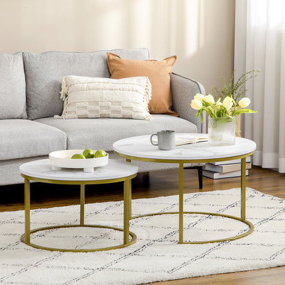 2-Piece Coffee Table Set, Round Side Table, Gold Steel Frame, Stackable Coffee Table with Marble Look, for Living Room, up to 30 kg Load Capacity, White