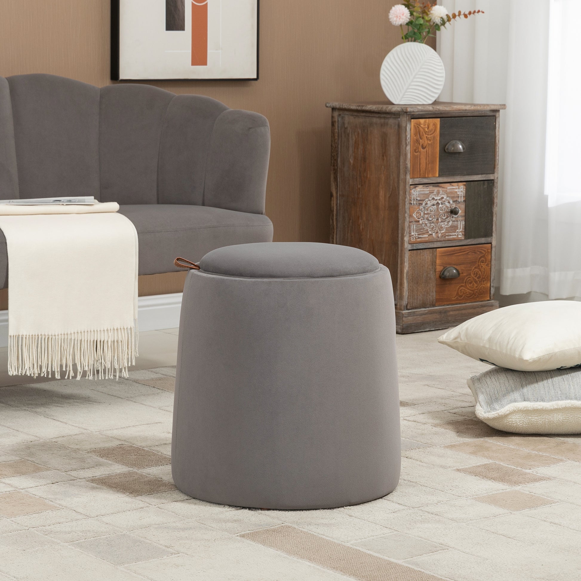 Storage Ottoman 2-in-1 Footstool with Lid, Round Velvet Ottoman Footrest Stool with Storage for Living Room Bedroom Ø44 x 47.5 cm Dark Gray
