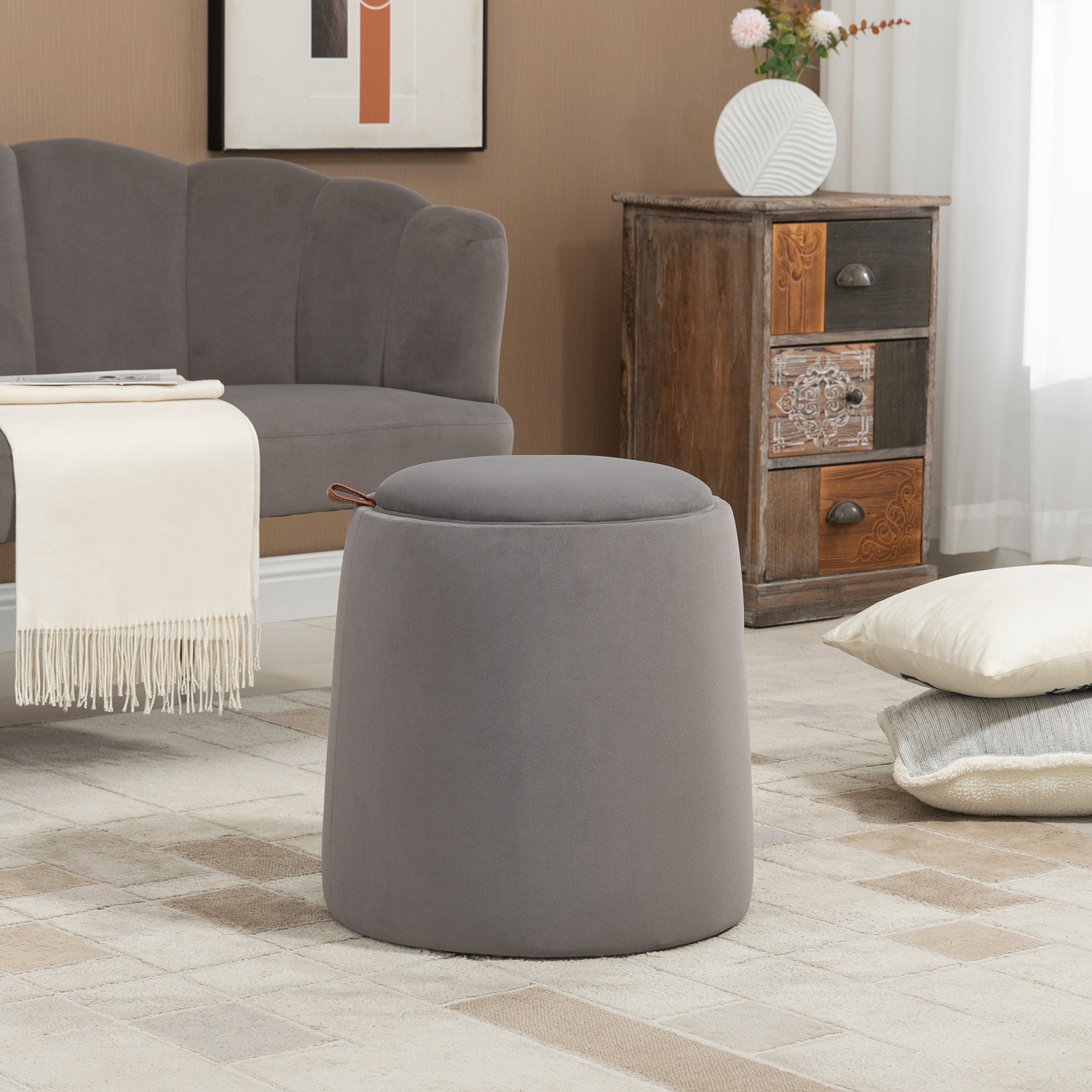 Storage Ottoman 2-in-1 Footstool with Lid, Round Velvet Ottoman Footrest Stool with Storage for Living Room Bedroom Ø44 x 47.5 cm Dark Gray