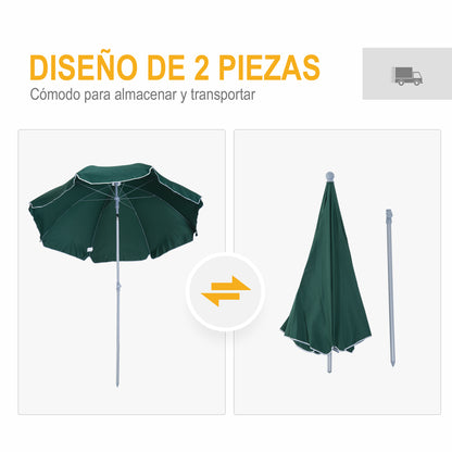 Beach Umbrella Ø202 cm Diameter with Tilted Roof Detachable Post and Spike for Garden Green