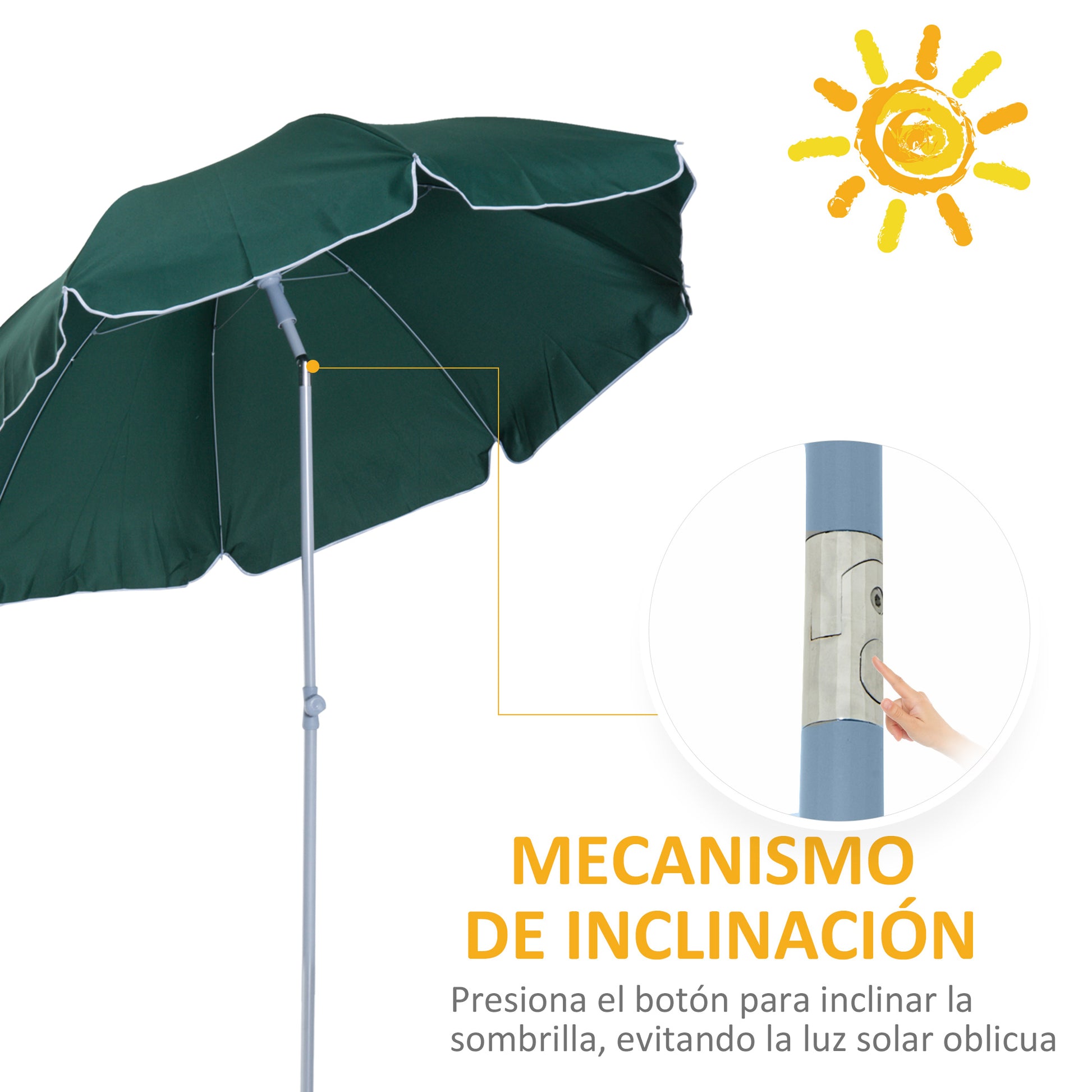 Beach Umbrella Ø202 cm Diameter with Tilted Roof Detachable Post and Spike for Garden Green