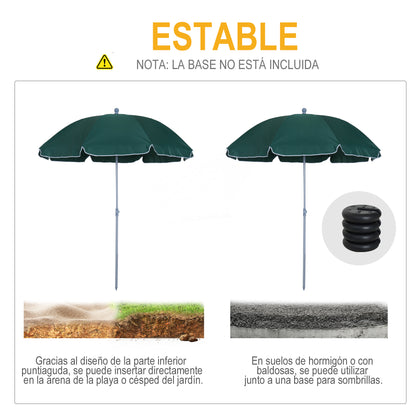 Beach Umbrella Ø202 cm Diameter with Tilted Roof Detachable Post and Spike for Garden Green
