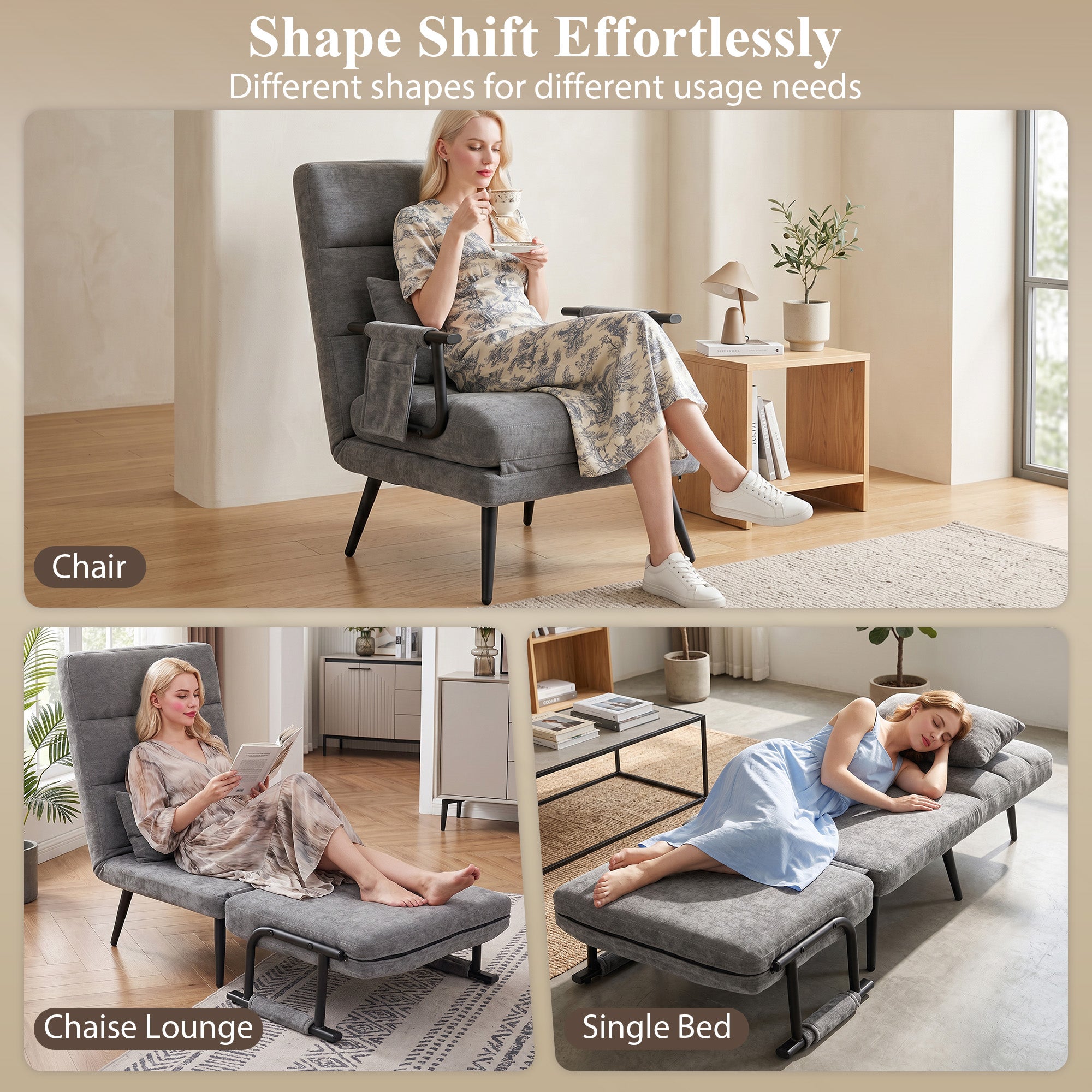 Sleeper Chair — 3-in-1 Foldable Chenille Chair with Click-Clack Backrest, Metal Frame & Pillow, Gray