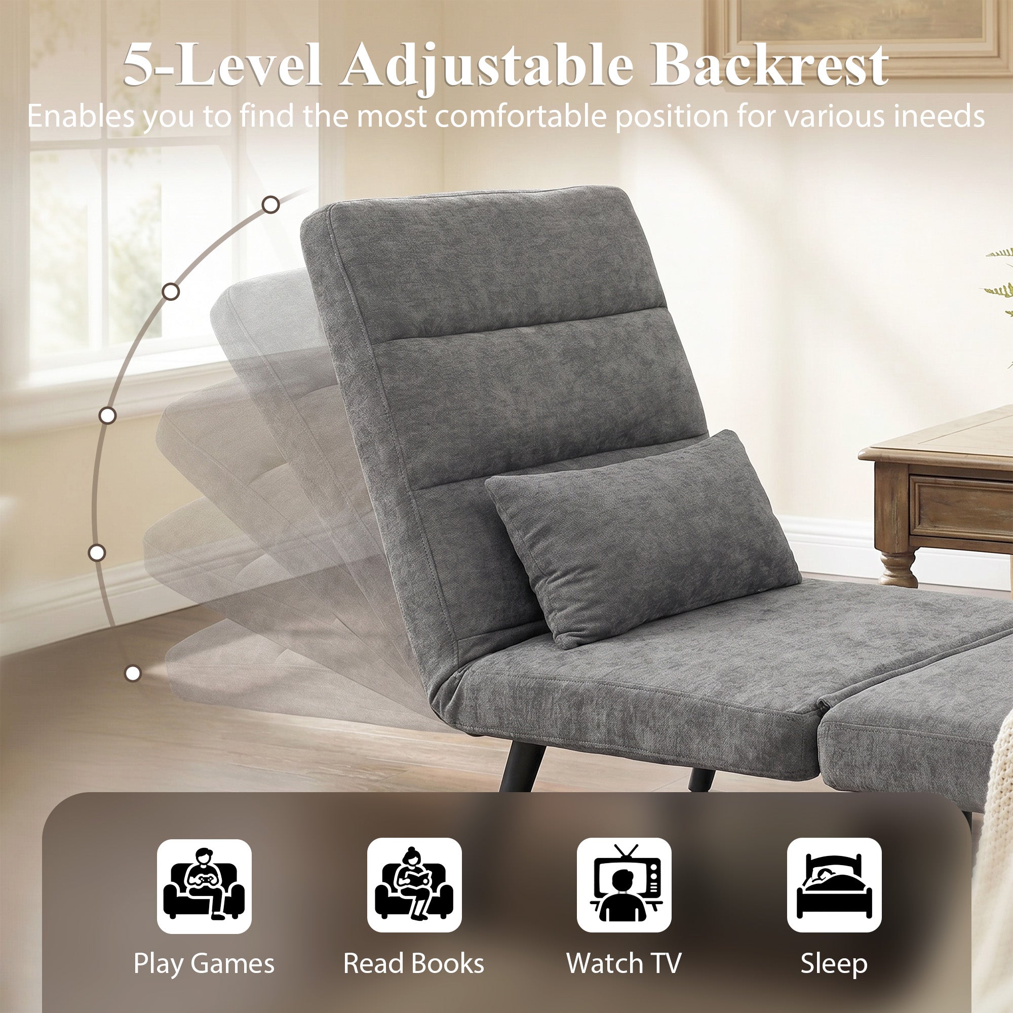 Sleeper Chair — 3-in-1 Foldable Chenille Chair with Click-Clack Backrest, Metal Frame & Pillow, Gray