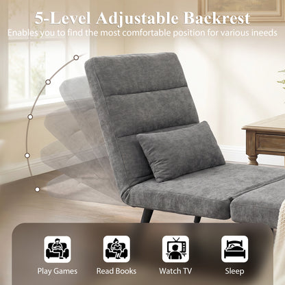 Sleeper Chair — 3-in-1 Foldable Chenille Chair with Click-Clack Backrest, Metal Frame & Pillow, Gray