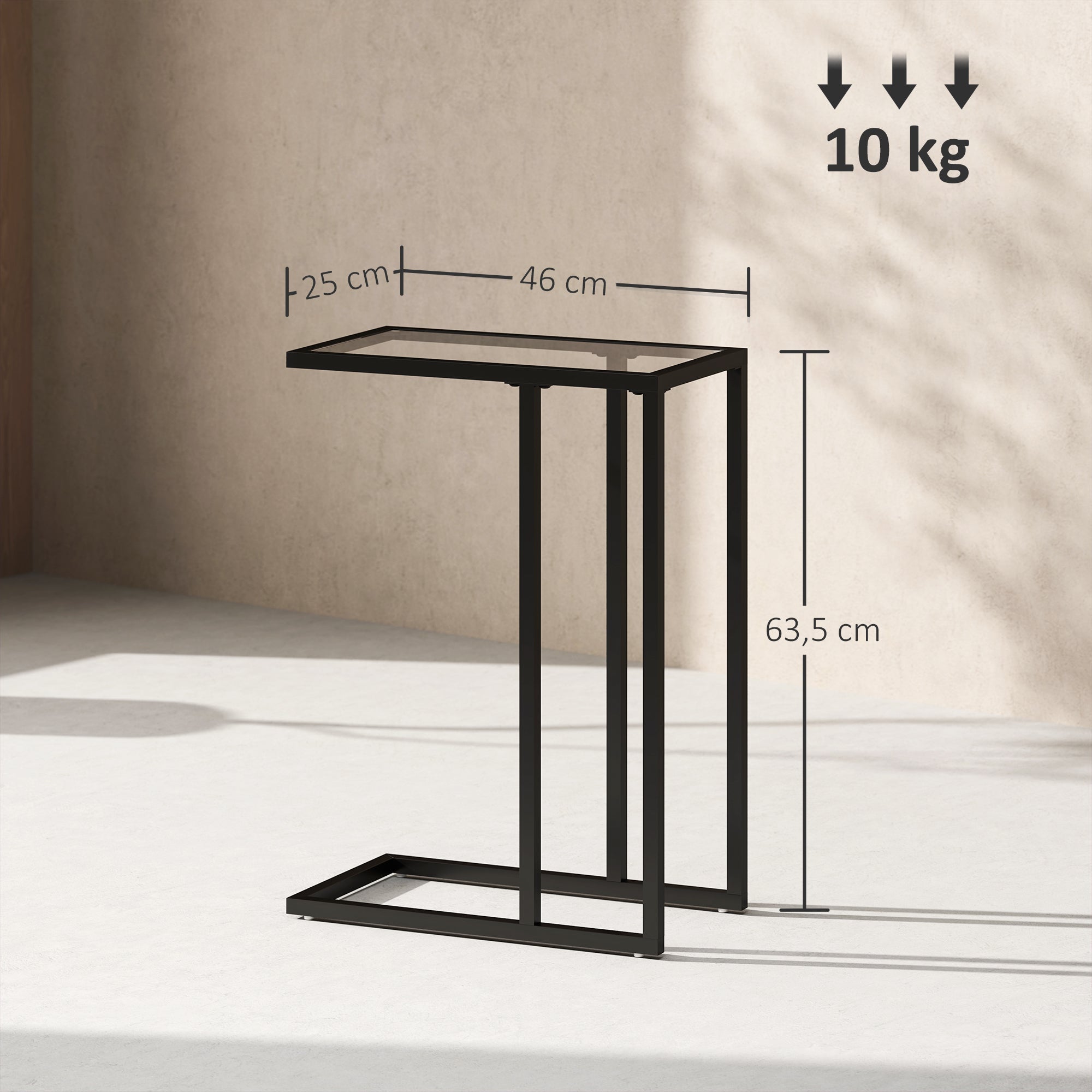 C-Shaped Side Table with Tempered Glass Top, Steel Frame, Coffee Table for Living Room, Bedroom, 46 x 25 x 63.5 cm, Oak