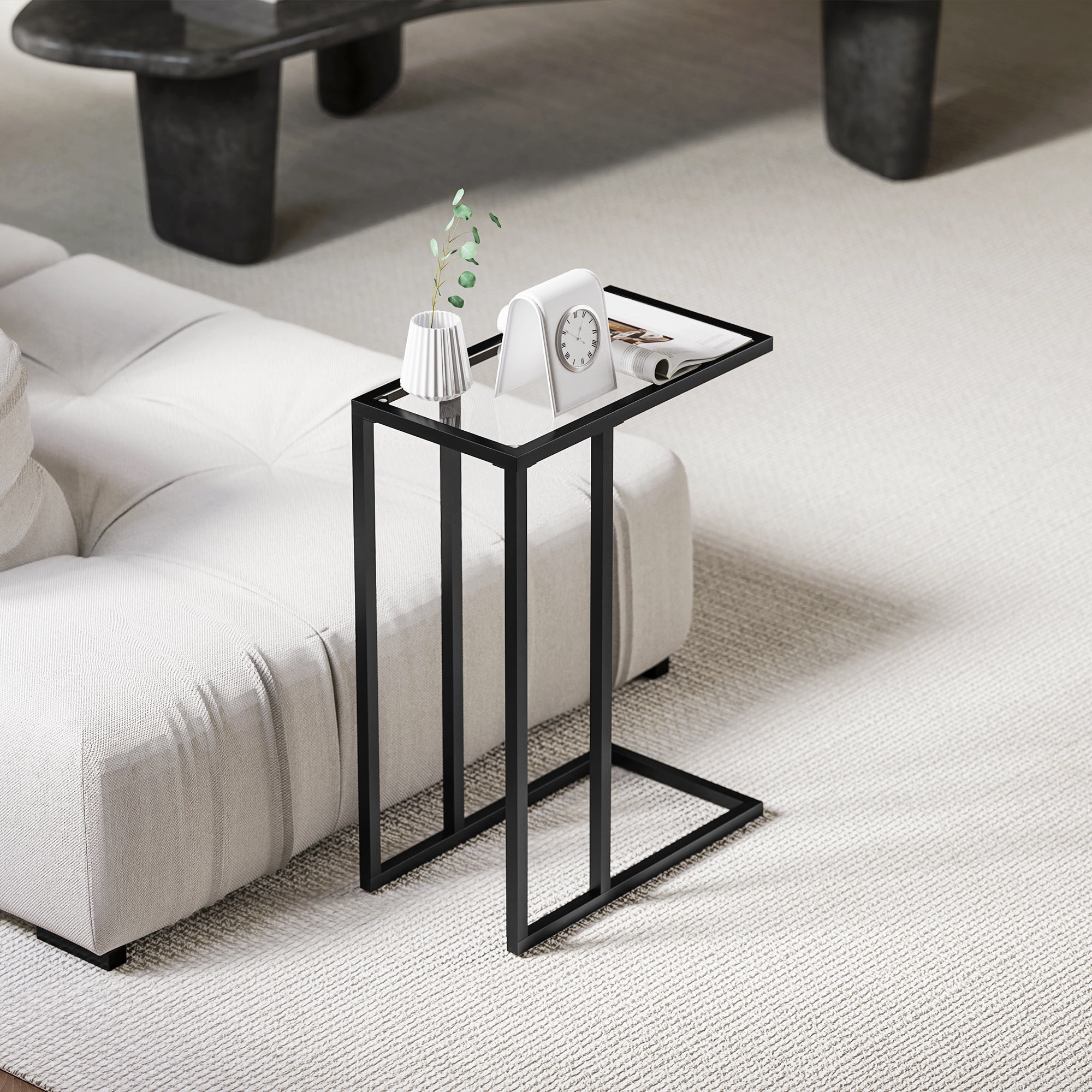 C-Shaped Side Table with Tempered Glass Top, Steel Frame, Coffee Table for Living Room, Bedroom, 46 x 25 x 63.5 cm, Oak