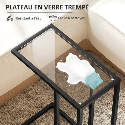 C-Shaped Side Table with Tempered Glass Top, Steel Frame, Coffee Table for Living Room, Bedroom, 46 x 25 x 63.5 cm, Oak