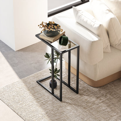 C-Shaped Side Table with Tempered Glass Top, Steel Frame, Coffee Table for Living Room, Bedroom, 46 x 25 x 63.5 cm, Oak
