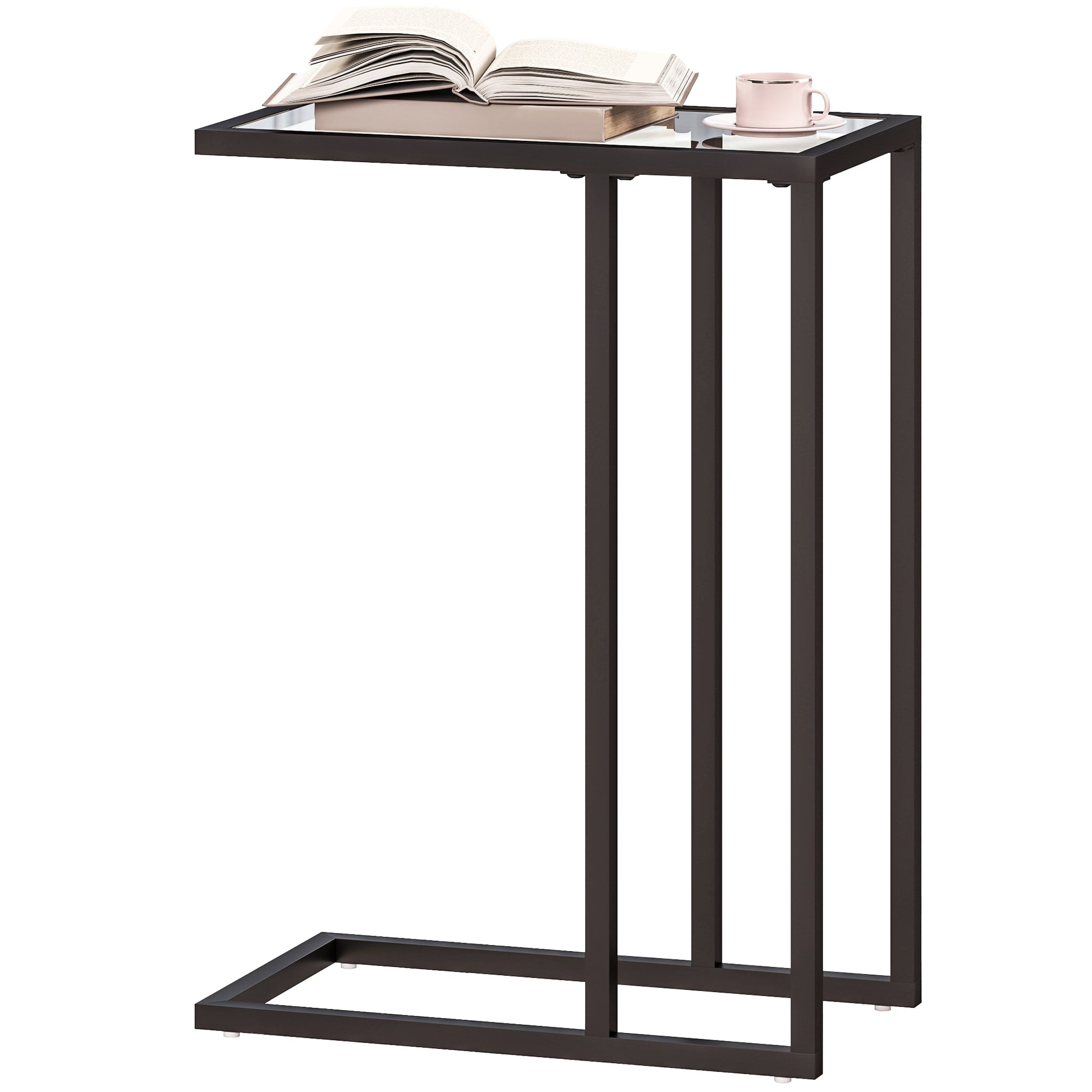 C-Shaped Side Table with Tempered Glass Top, Steel Frame, Coffee Table for Living Room, Bedroom, 46 x 25 x 63.5 cm, Oak