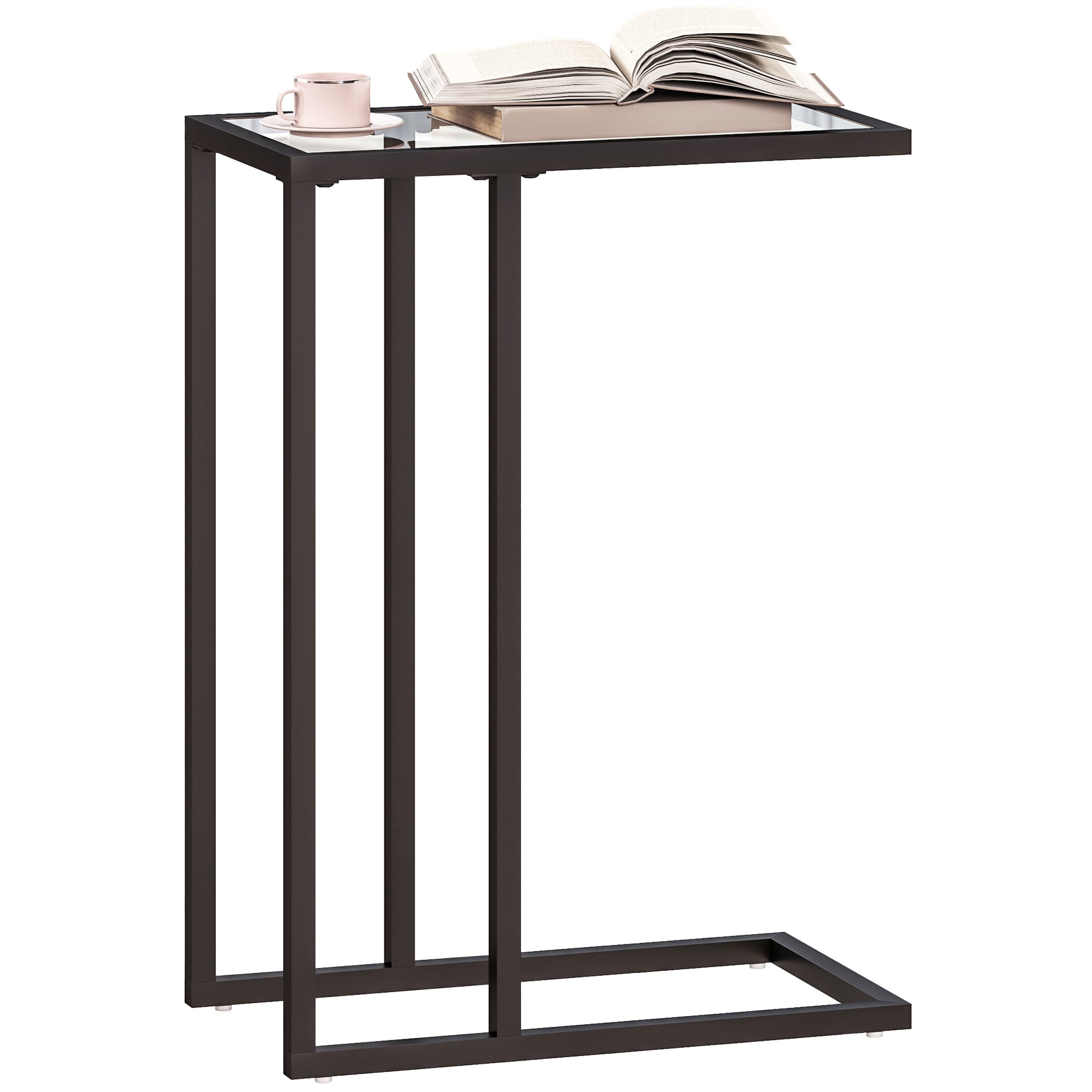 C-Shaped Side Table with Tempered Glass Top, Steel Frame, Coffee Table for Living Room, Bedroom, 46 x 25 x 63.5 cm, Oak