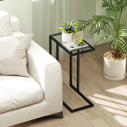 C-Shaped Side Table with Tempered Glass Top, Steel Frame, Coffee Table for Living Room, Bedroom, 46 x 25 x 63.5 cm, Oak
