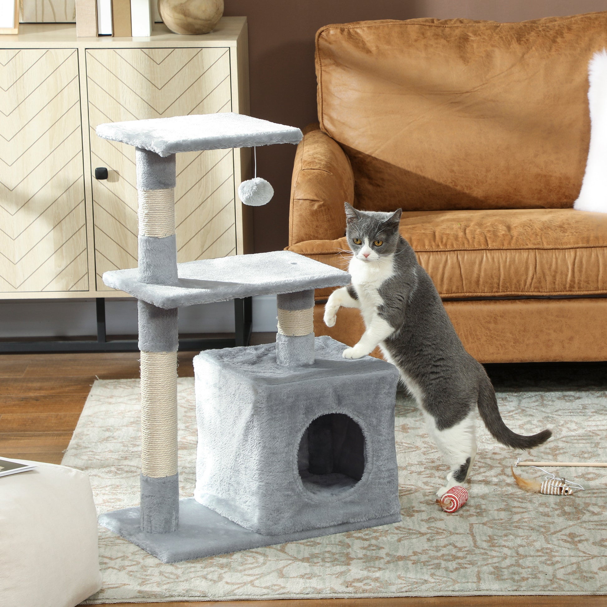 Cat Scratching Tree 81.5 cm Cat Tower with Sisal Posts 2 Platforms Cave and Hanging Ball Stylish Design 50x30x81.5 cm Dark Gray