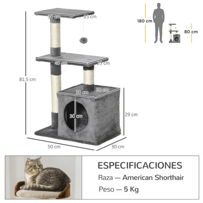 Cat Scratching Tree 81.5 cm Cat Tower with Sisal Posts 2 Platforms Cave and Hanging Ball Stylish Design 50x30x81.5 cm Dark Gray