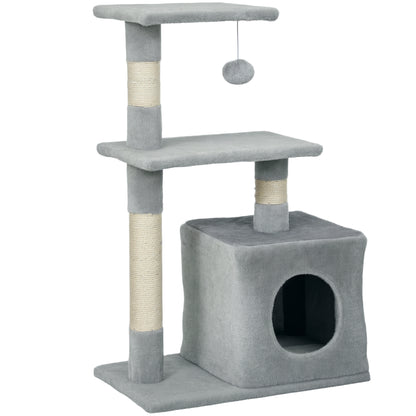 Cat Scratching Tree 81.5 cm Cat Tower with Sisal Posts 2 Platforms Cave and Hanging Ball Stylish Design 50x30x81.5 cm Dark Gray