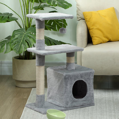 Cat Scratching Tree 81.5 cm Cat Tower with Sisal Posts 2 Platforms Cave and Hanging Ball Stylish Design 50x30x81.5 cm Dark Gray