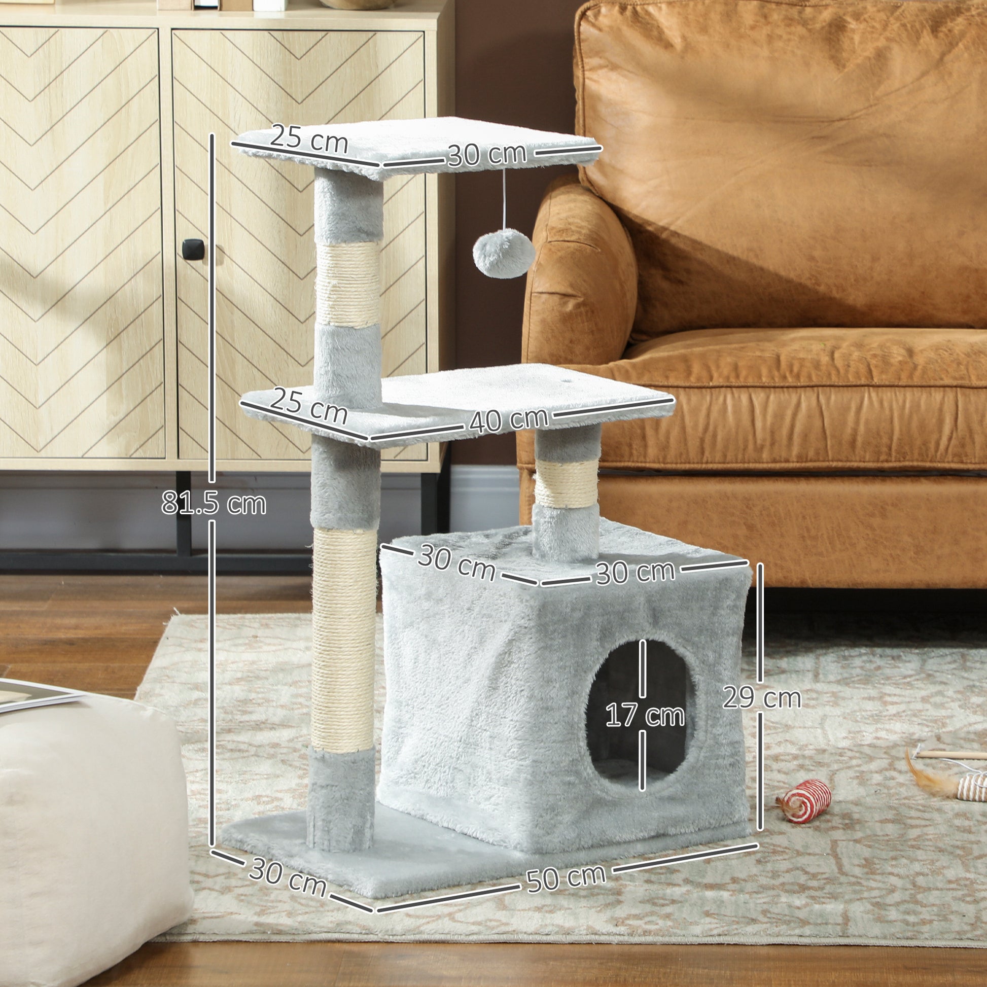 Cat Scratching Tree 81.5 cm Cat Tower with Sisal Posts 2 Platforms Cave and Hanging Ball Stylish Design 50x30x81.5 cm Dark Gray