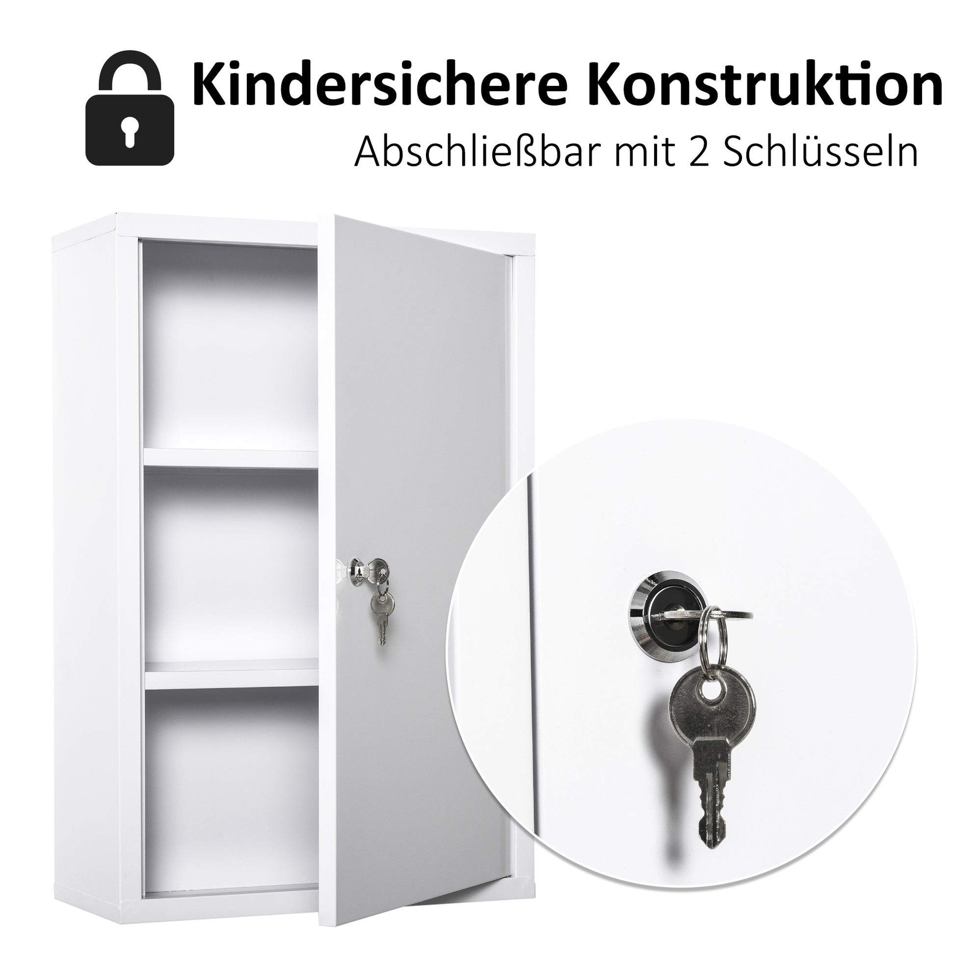 Medicine Cabinet Medicine Cabinet for Medication Storage, Lockable Medicine Cabinet Metal with 3 Compartments First Aid Cabinet, 40 x 18 x 60 cm, White
