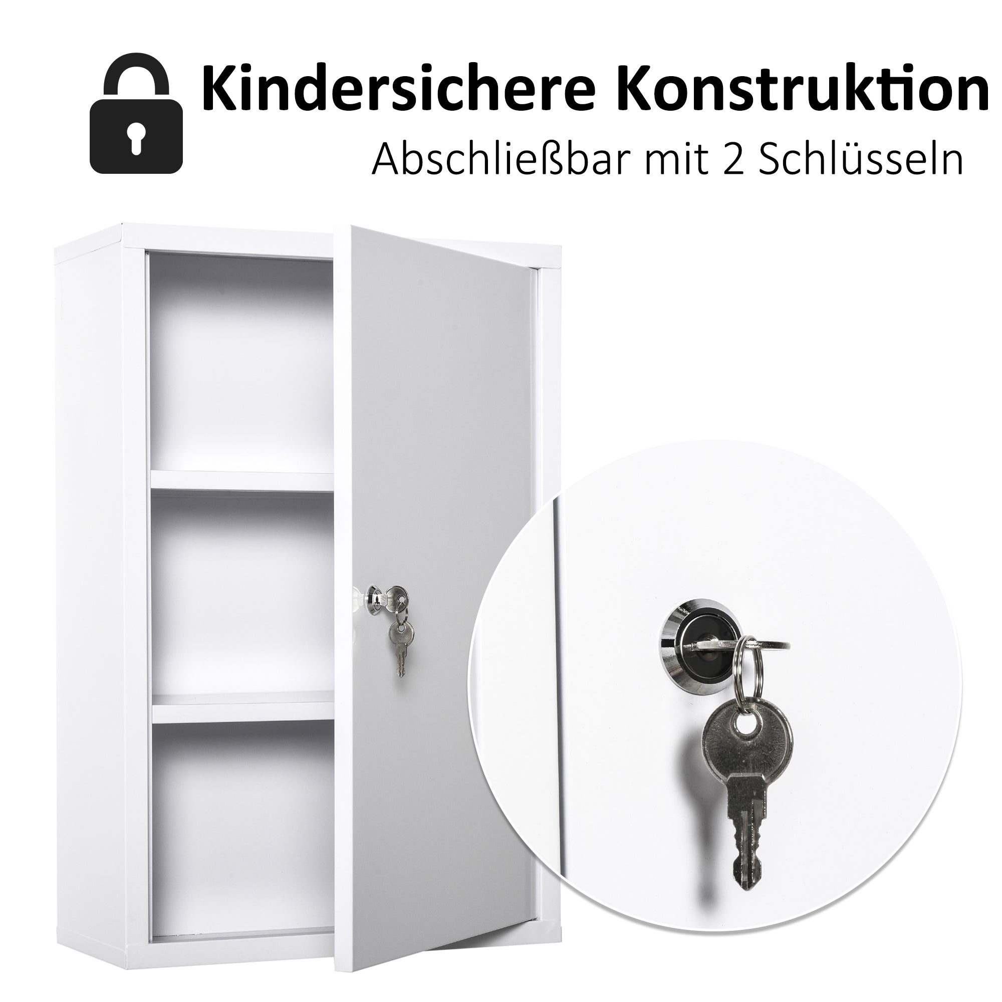 Medicine Cabinet Medicine Cabinet for Medication Storage, Lockable Medicine Cabinet Metal with 3 Compartments First Aid Cabinet, 40 x 18 x 60 cm, White