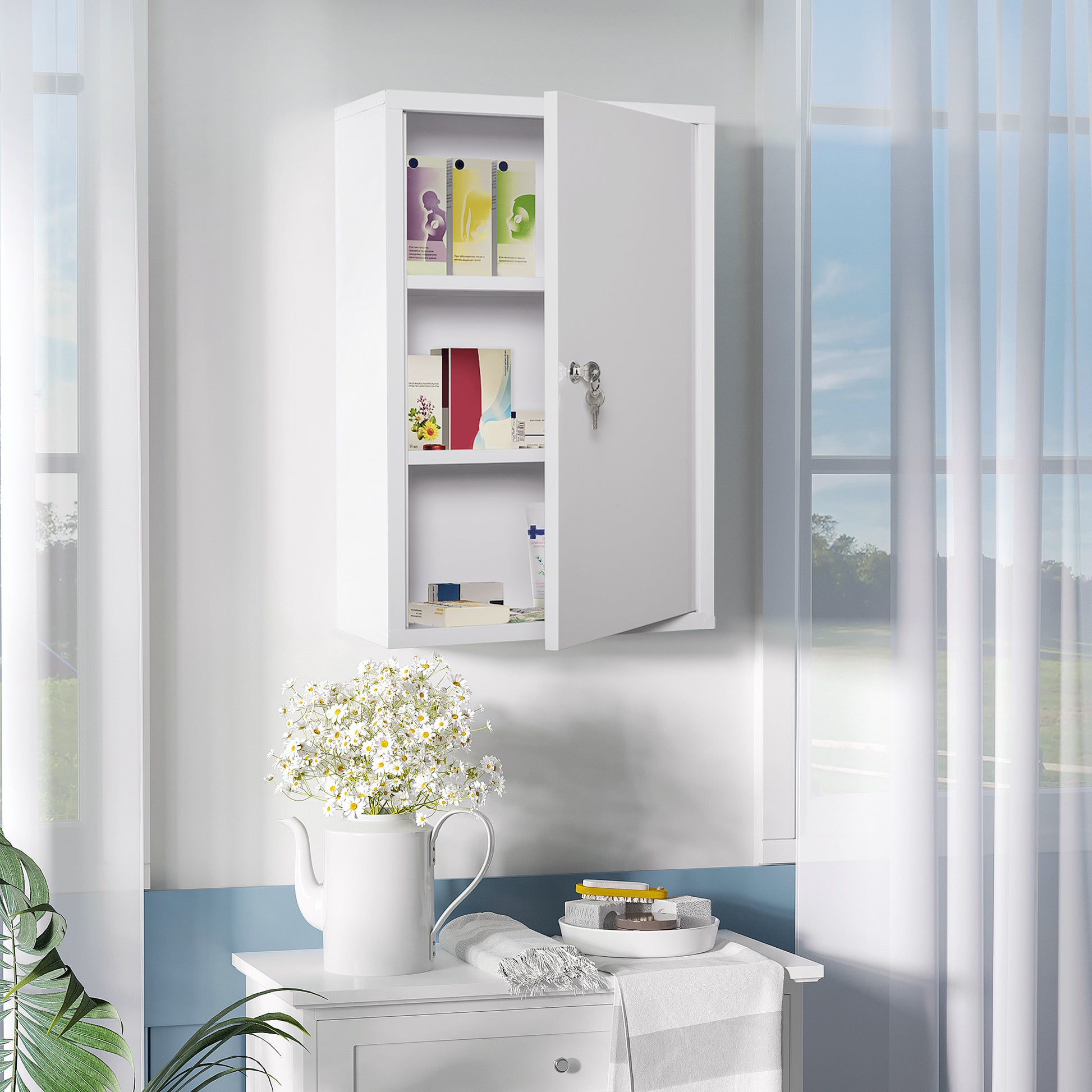 Medicine Cabinet Medicine Cabinet for Medication Storage, Lockable Medicine Cabinet Metal with 3 Compartments First Aid Cabinet, 40 x 18 x 60 cm, White