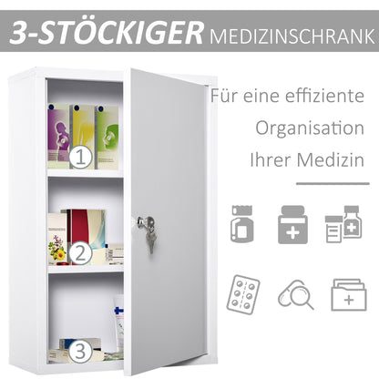 Medicine Cabinet Medicine Cabinet for Medication Storage, Lockable Medicine Cabinet Metal with 3 Compartments First Aid Cabinet, 40 x 18 x 60 cm, White