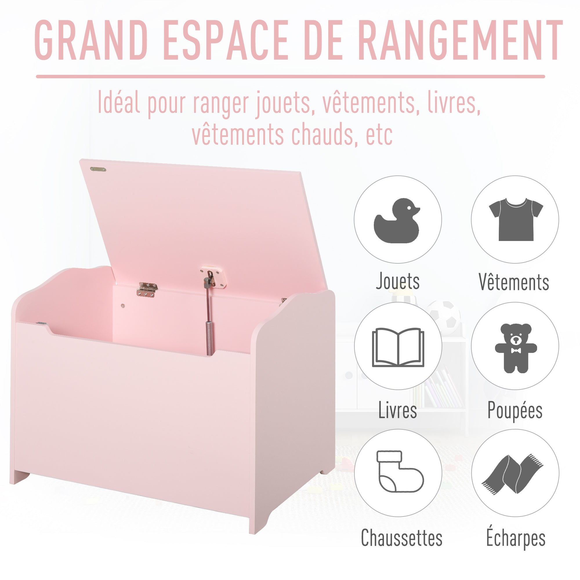 Children's Toy Chests Toy Box Storage Trunk dim. 60L x 40W x 48H cm pneumatic strut MDF pink