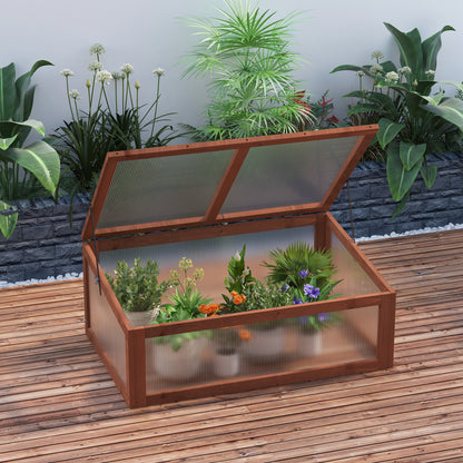 Cold Frame Wood, Mini Greenhouse 100 x 65 x 40 cm, Greenhouse with Cover, UV Protection, Light-Transmitting Cold Frame Box, Winterproof Raised Bed for Garden, Brown