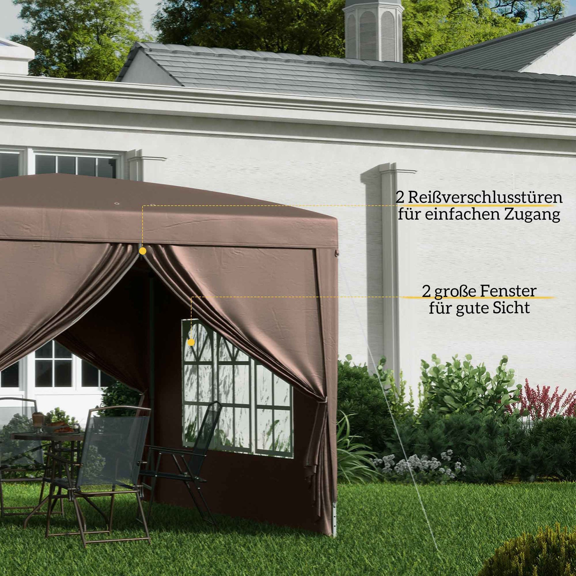 Pavilion approx. 3x3m, Waterproof Stable Winterproof Pop-up Folding Pavilion, UV Protection 50+, Foldable Party Tent Garden Tent with 4 Side Panels Bag Garden Pavilion for Camping Garden, Coffee