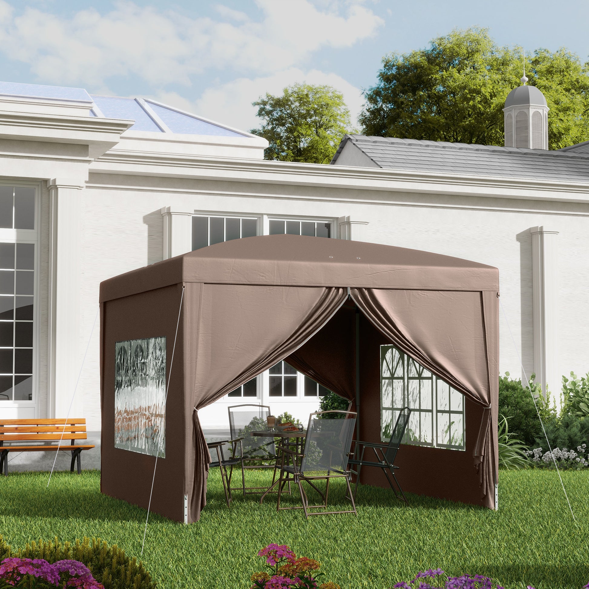 Pavilion approx. 3x3m, Waterproof Stable Winterproof Pop-up Folding Pavilion, UV Protection 50+, Foldable Party Tent Garden Tent with 4 Side Panels Bag Garden Pavilion for Camping Garden, Coffee