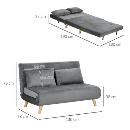3 in 1 Sleeper Sofa 130 x 78 cm Sofa with Bed Function, Folding Couch with Lumbar Pillows, Velvet Look, Adjustable Backrest for Living Room, Bedroom, Grey