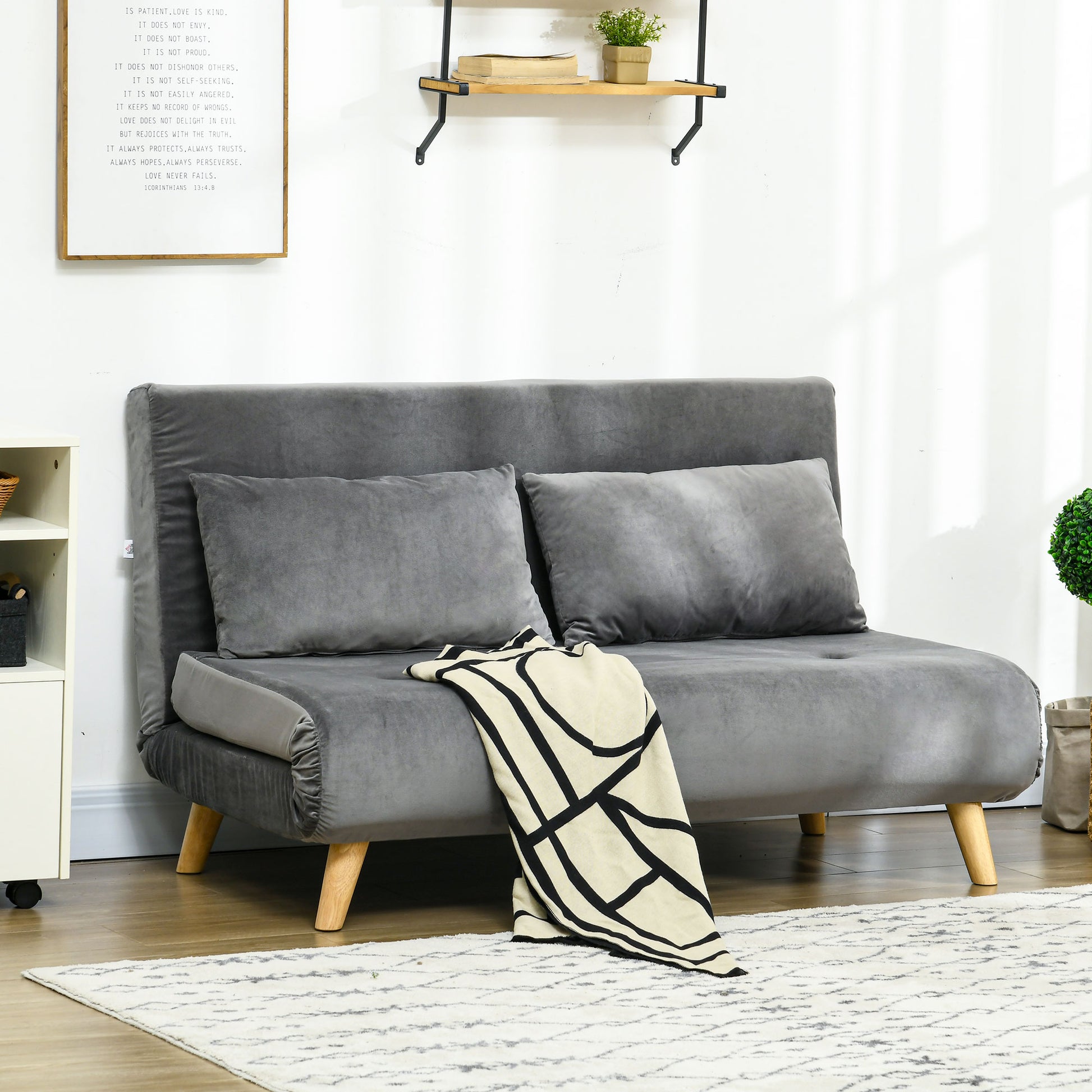 3 in 1 Sleeper Sofa 130 x 78 cm Sofa with Bed Function, Folding Couch with Lumbar Pillows, Velvet Look, Adjustable Backrest for Living Room, Bedroom, Grey