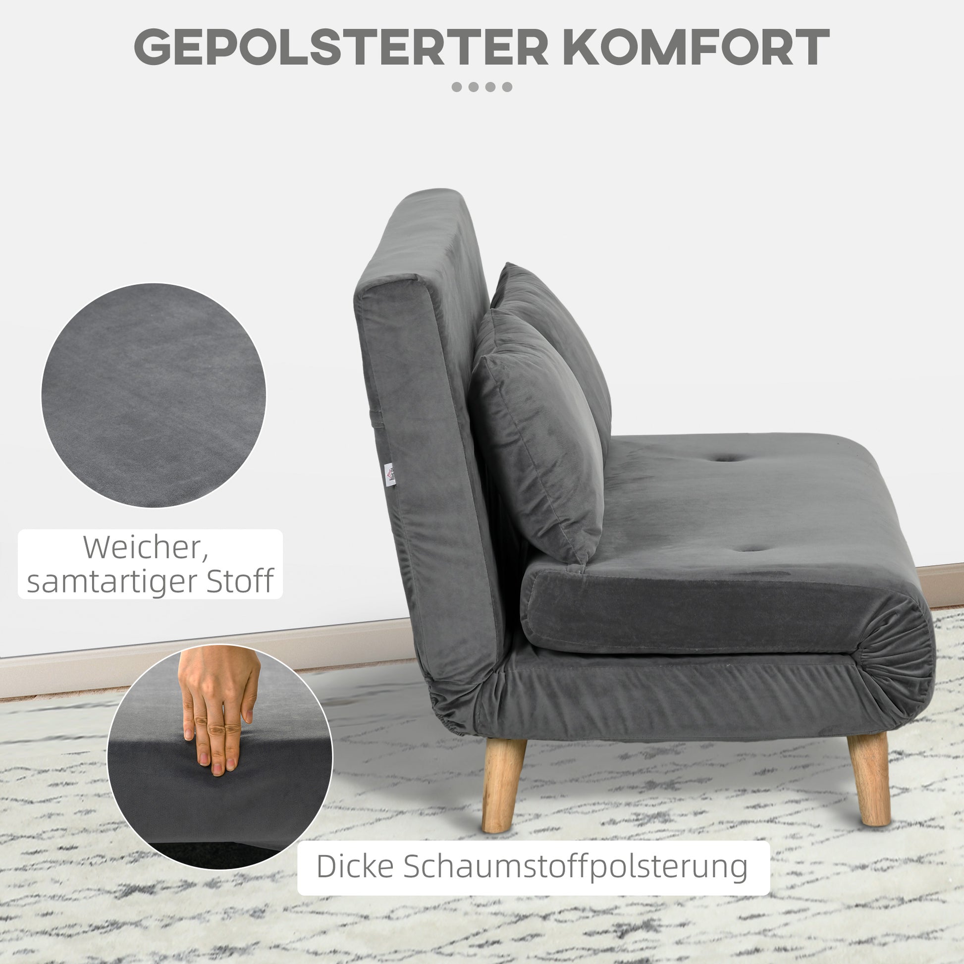 3 in 1 Sleeper Sofa 130 x 78 cm Sofa with Bed Function, Folding Couch with Lumbar Pillows, Velvet Look, Adjustable Backrest for Living Room, Bedroom, Grey