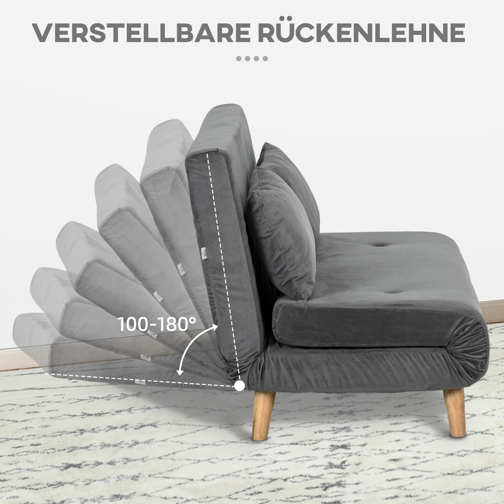3 in 1 Sleeper Sofa 130 x 78 cm Sofa with Bed Function, Folding Couch with Lumbar Pillows, Velvet Look, Adjustable Backrest for Living Room, Bedroom, Grey