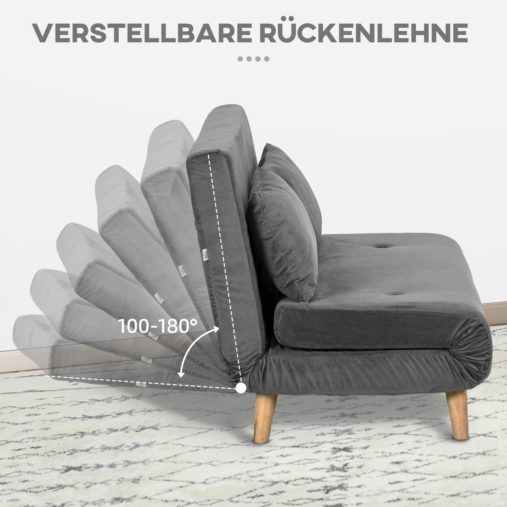 3 in 1 Sleeper Sofa 130 x 78 cm Sofa with Bed Function, Folding Couch with Lumbar Pillows, Velvet Look, Adjustable Backrest for Living Room, Bedroom, Grey