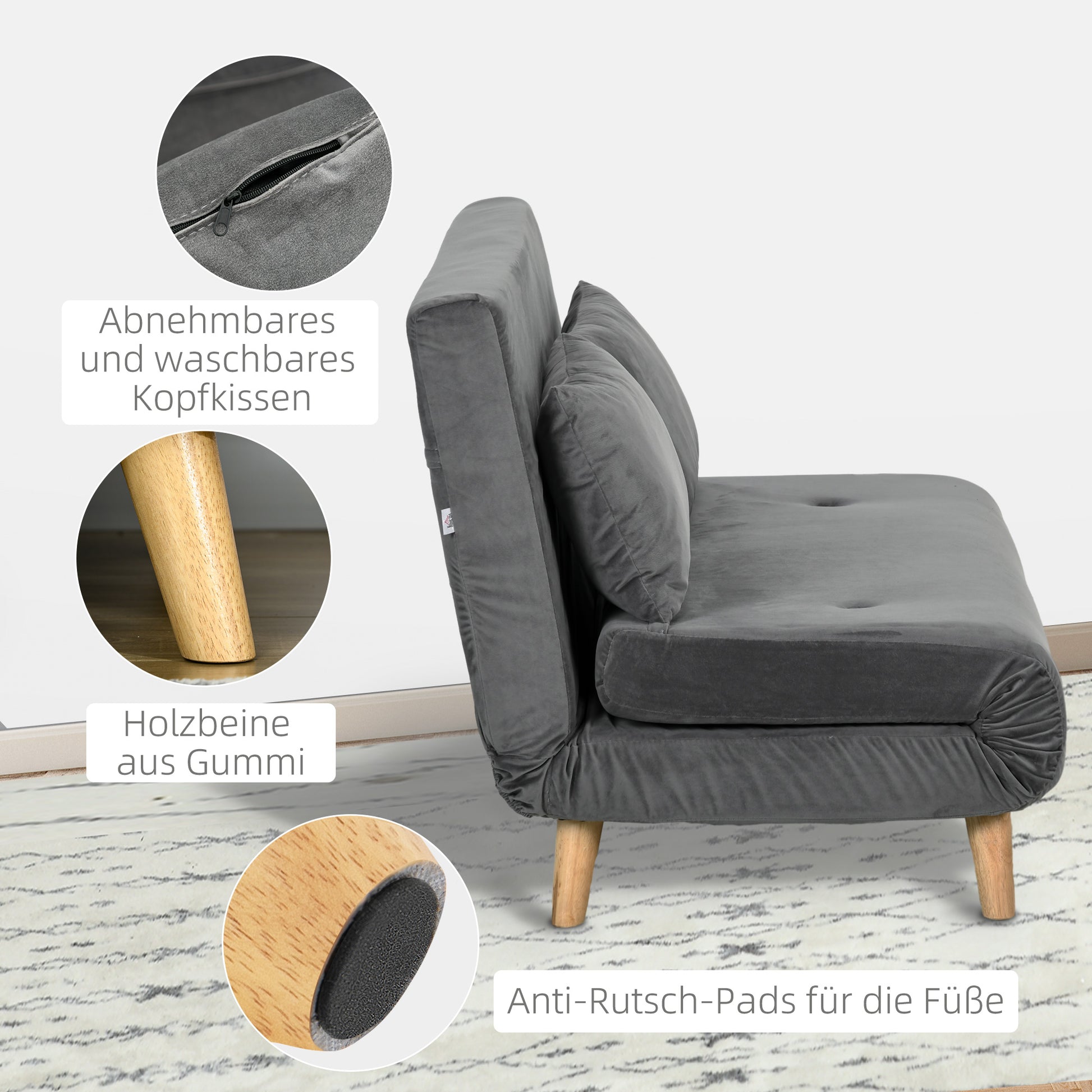 3 in 1 Sleeper Sofa 130 x 78 cm Sofa with Bed Function, Folding Couch with Lumbar Pillows, Velvet Look, Adjustable Backrest for Living Room, Bedroom, Grey
