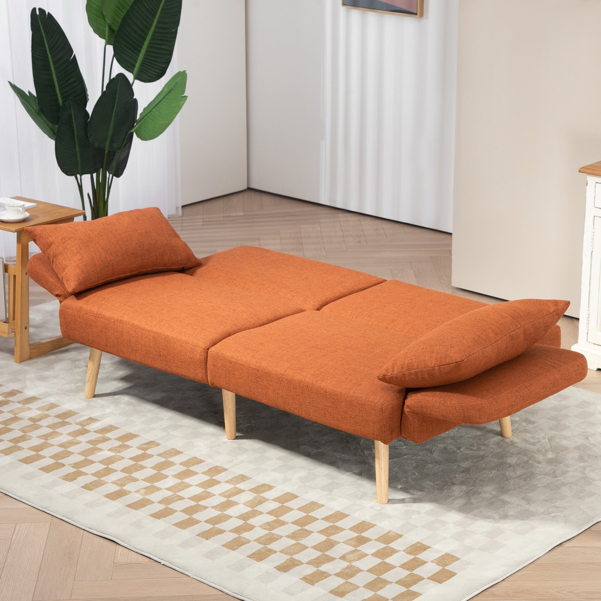 3-Seater Convertible Sofa, 2-Seater Sofa Bed, Reclining Backrest and Adjustable Armrests, Linen-Effect Fabric Click Clack, Solid Wood Legs, 2 Washable Cushions, Brown