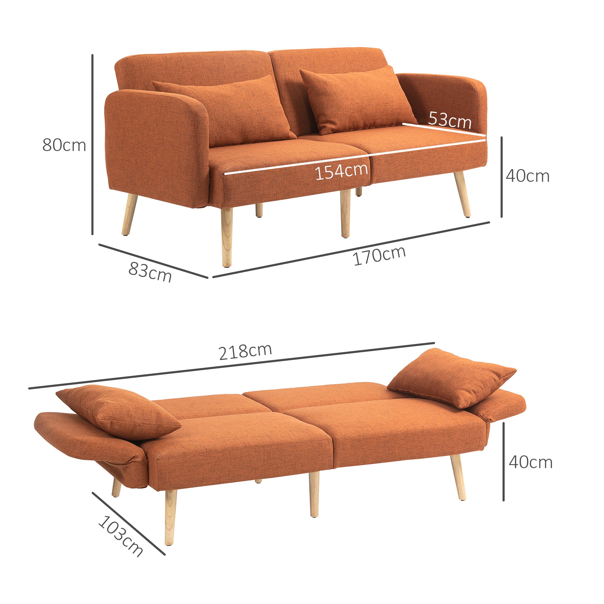 3-Seater Convertible Sofa, 2-Seater Sofa Bed, Reclining Backrest and Adjustable Armrests, Linen-Effect Fabric Click Clack, Solid Wood Legs, 2 Washable Cushions, Brown