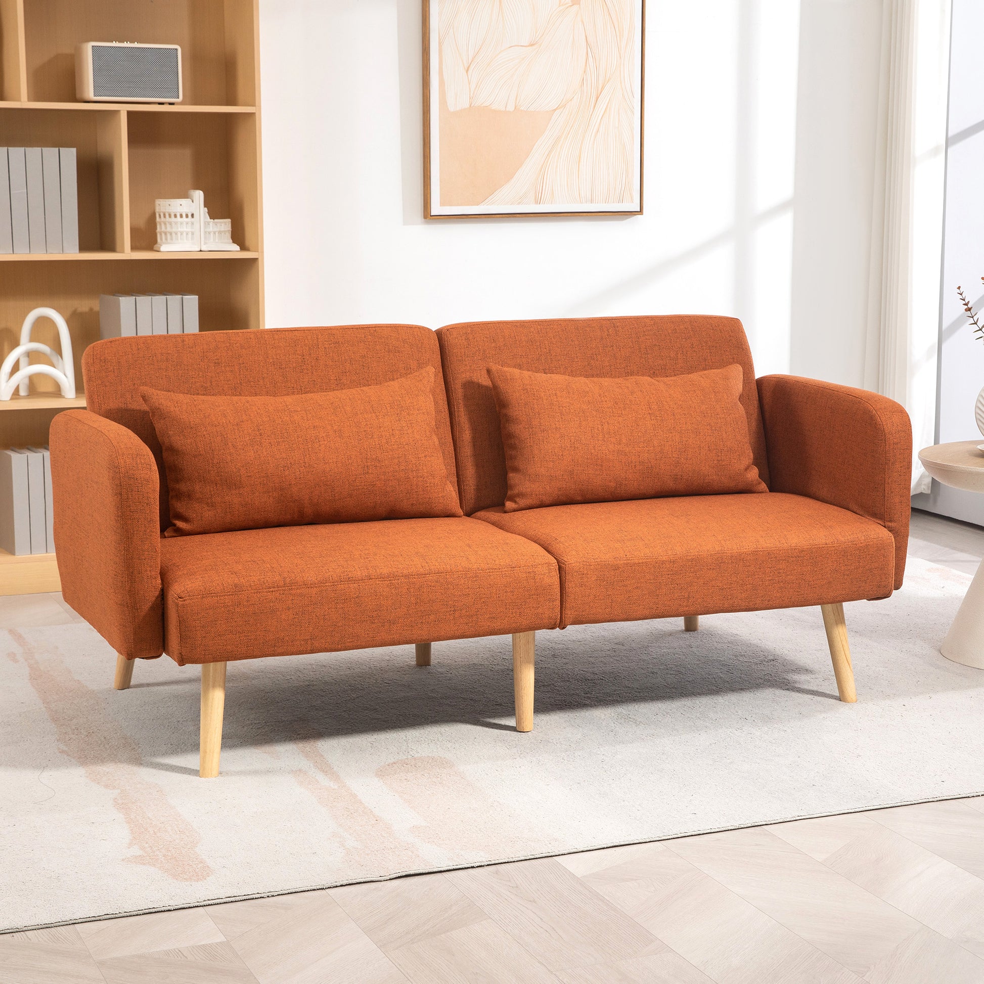 3-Seater Convertible Sofa, 2-Seater Sofa Bed, Reclining Backrest and Adjustable Armrests, Linen-Effect Fabric Click Clack, Solid Wood Legs, 2 Washable Cushions, Brown