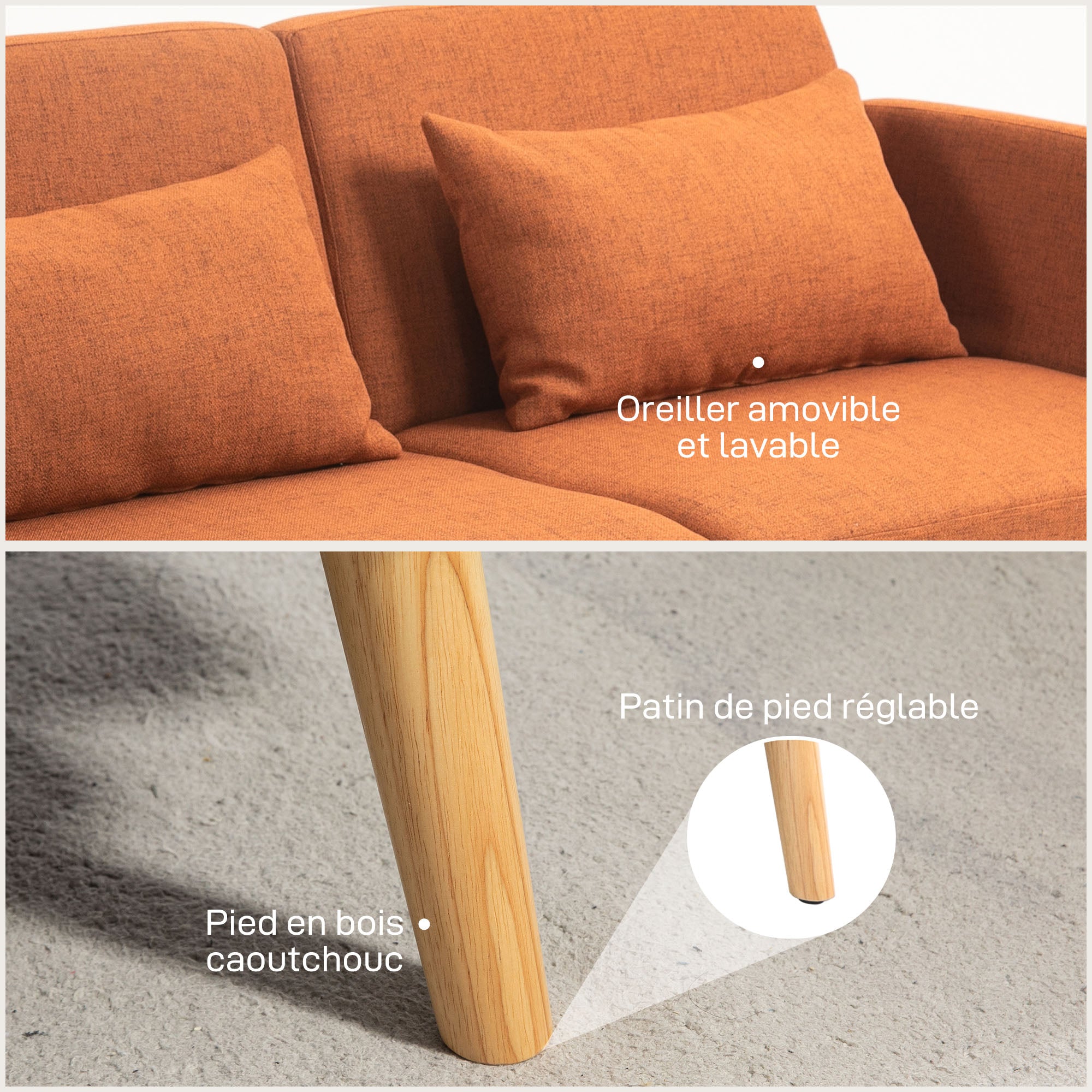 3-Seater Convertible Sofa, 2-Seater Sofa Bed, Reclining Backrest and Adjustable Armrests, Linen-Effect Fabric Click Clack, Solid Wood Legs, 2 Washable Cushions, Brown