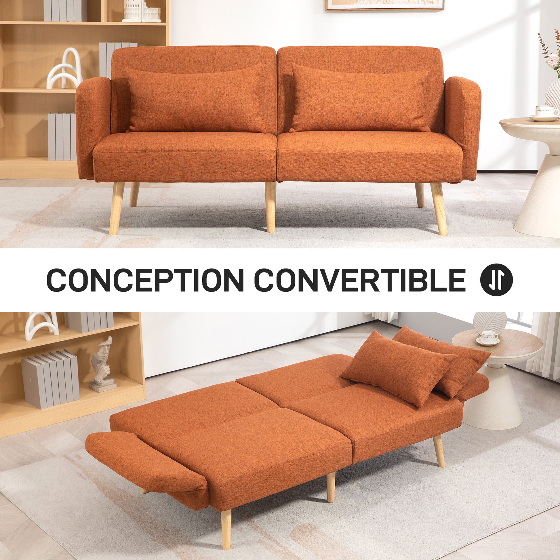 3-Seater Convertible Sofa, 2-Seater Sofa Bed, Reclining Backrest and Adjustable Armrests, Linen-Effect Fabric Click Clack, Solid Wood Legs, 2 Washable Cushions, Brown