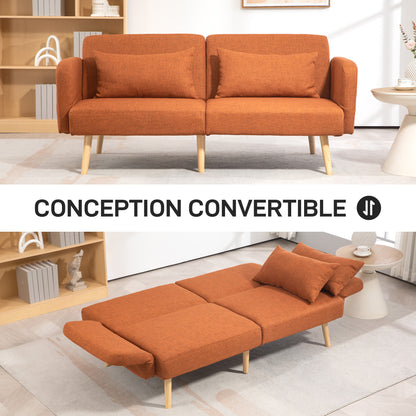 3-Seater Convertible Sofa, 2-Seater Sofa Bed, Reclining Backrest and Adjustable Armrests, Linen-Effect Fabric Click Clack, Solid Wood Legs, 2 Washable Cushions, Brown