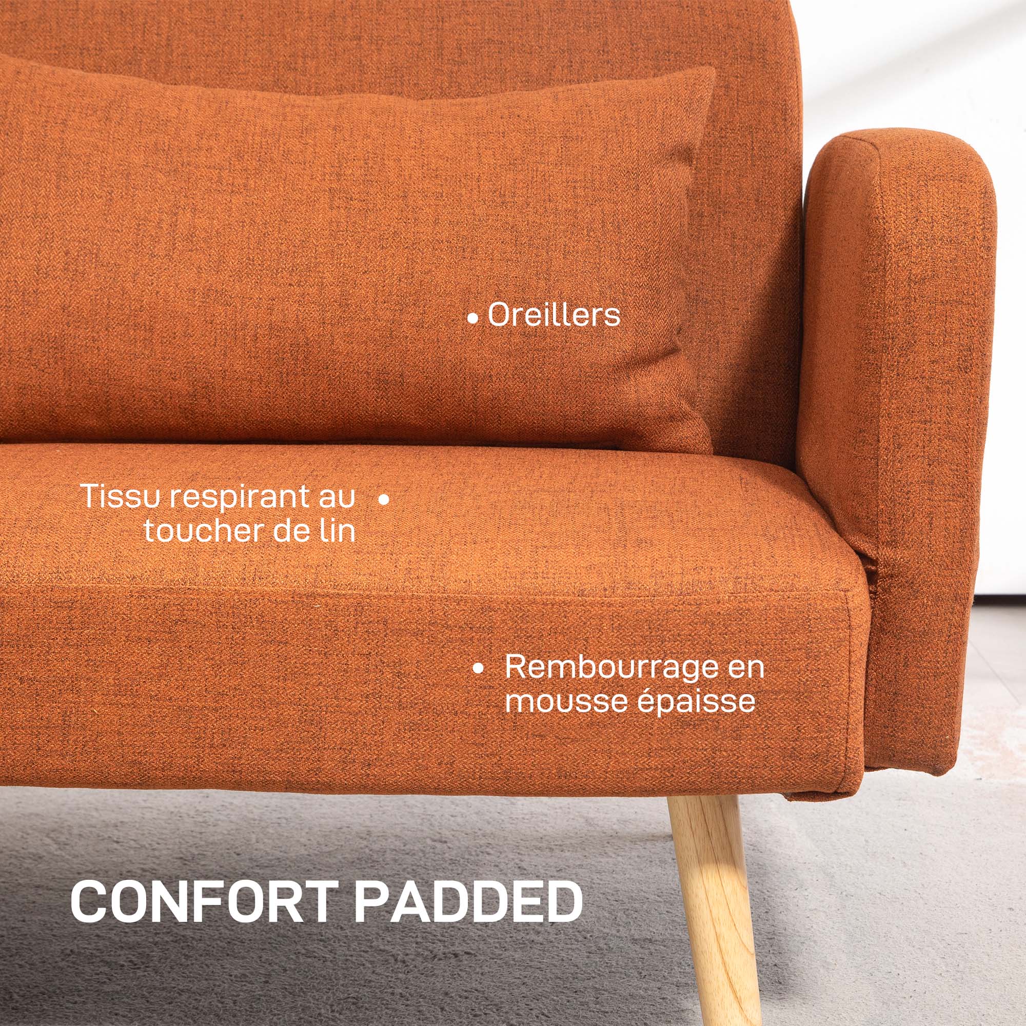 3-Seater Convertible Sofa, 2-Seater Sofa Bed, Reclining Backrest and Adjustable Armrests, Linen-Effect Fabric Click Clack, Solid Wood Legs, 2 Washable Cushions, Brown