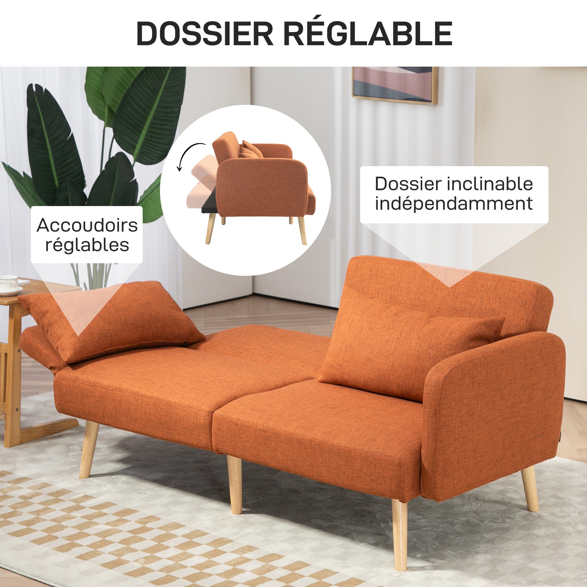3-Seater Convertible Sofa, 2-Seater Sofa Bed, Reclining Backrest and Adjustable Armrests, Linen-Effect Fabric Click Clack, Solid Wood Legs, 2 Washable Cushions, Brown