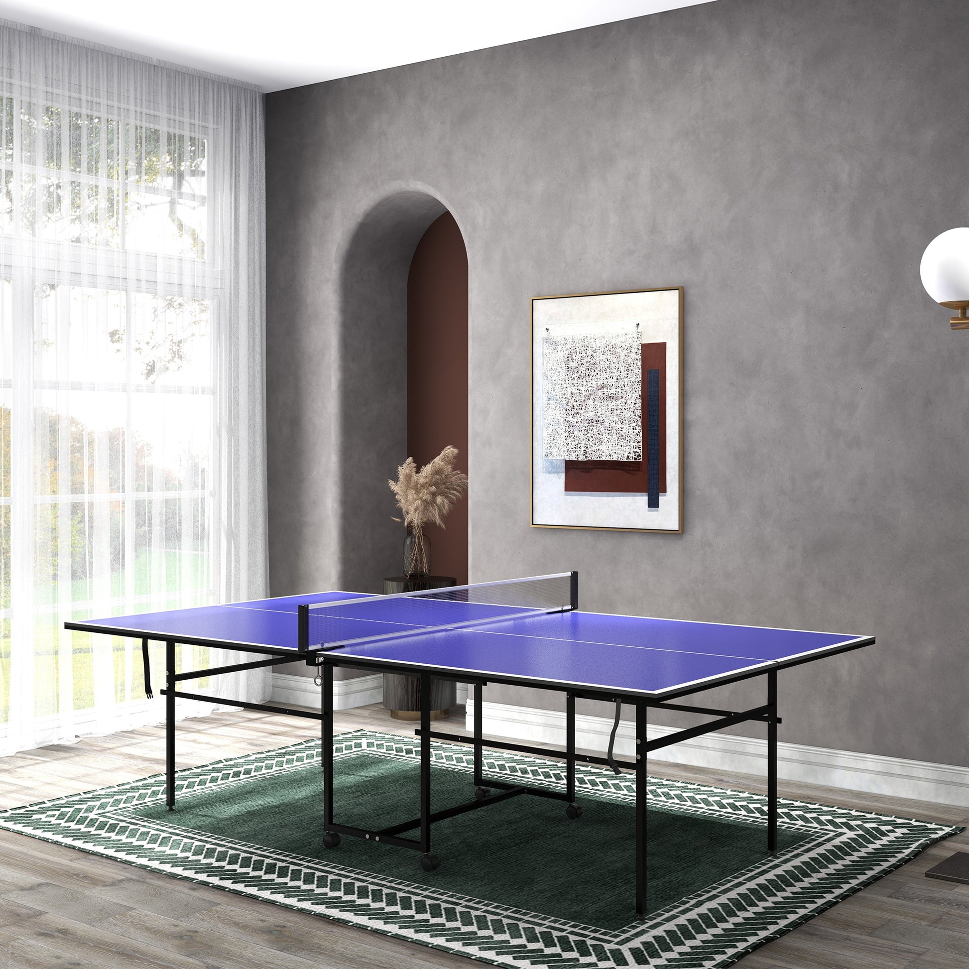 SPORTNOW Table Tennis Table, Folding Quarter Table Tennis Table with Wheels, Table Tennis Set with 2 Table Tennis Paddles, 3 Balls, Outdoor Indoor Steel, Blue, 274 x 152.5 x 75.5 cm