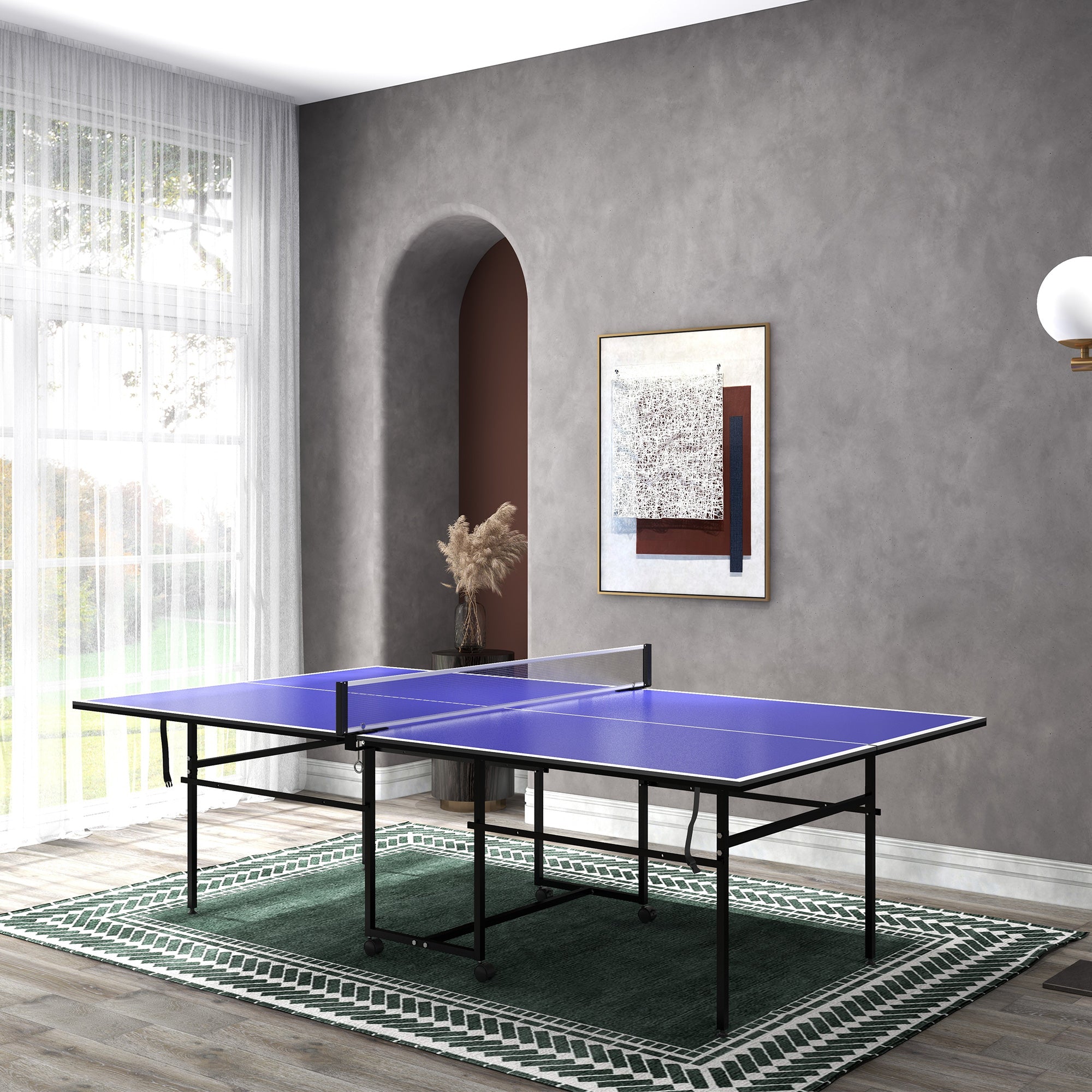 SPORTNOW Table Tennis Table, Folding Quarter Table Tennis Table with Wheels, Table Tennis Set with 2 Table Tennis Paddles, 3 Balls, Outdoor Indoor Steel, Blue, 274 x 152.5 x 75.5 cm