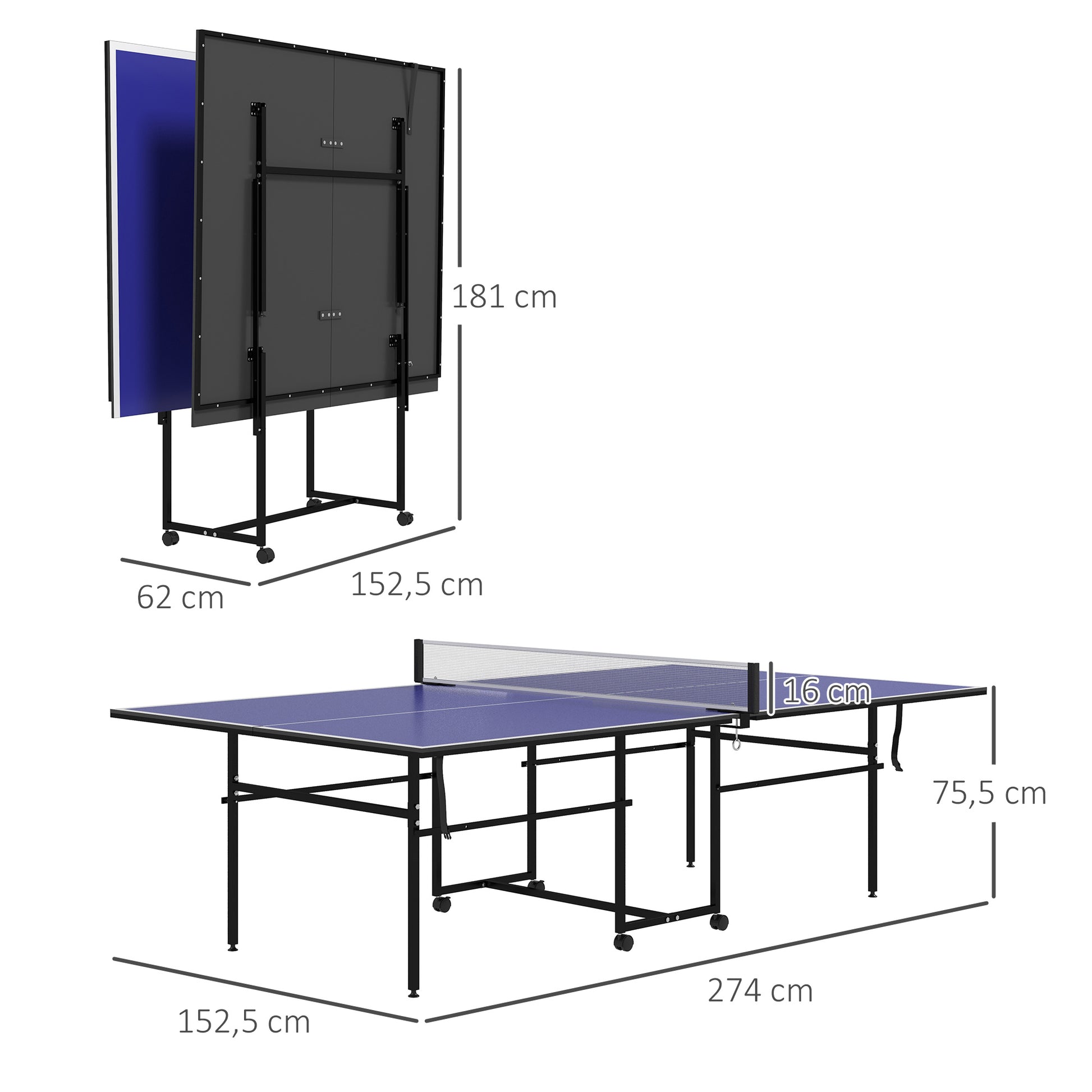 SPORTNOW Table Tennis Table, Folding Quarter Table Tennis Table with Wheels, Table Tennis Set with 2 Table Tennis Paddles, 3 Balls, Outdoor Indoor Steel, Blue, 274 x 152.5 x 75.5 cm