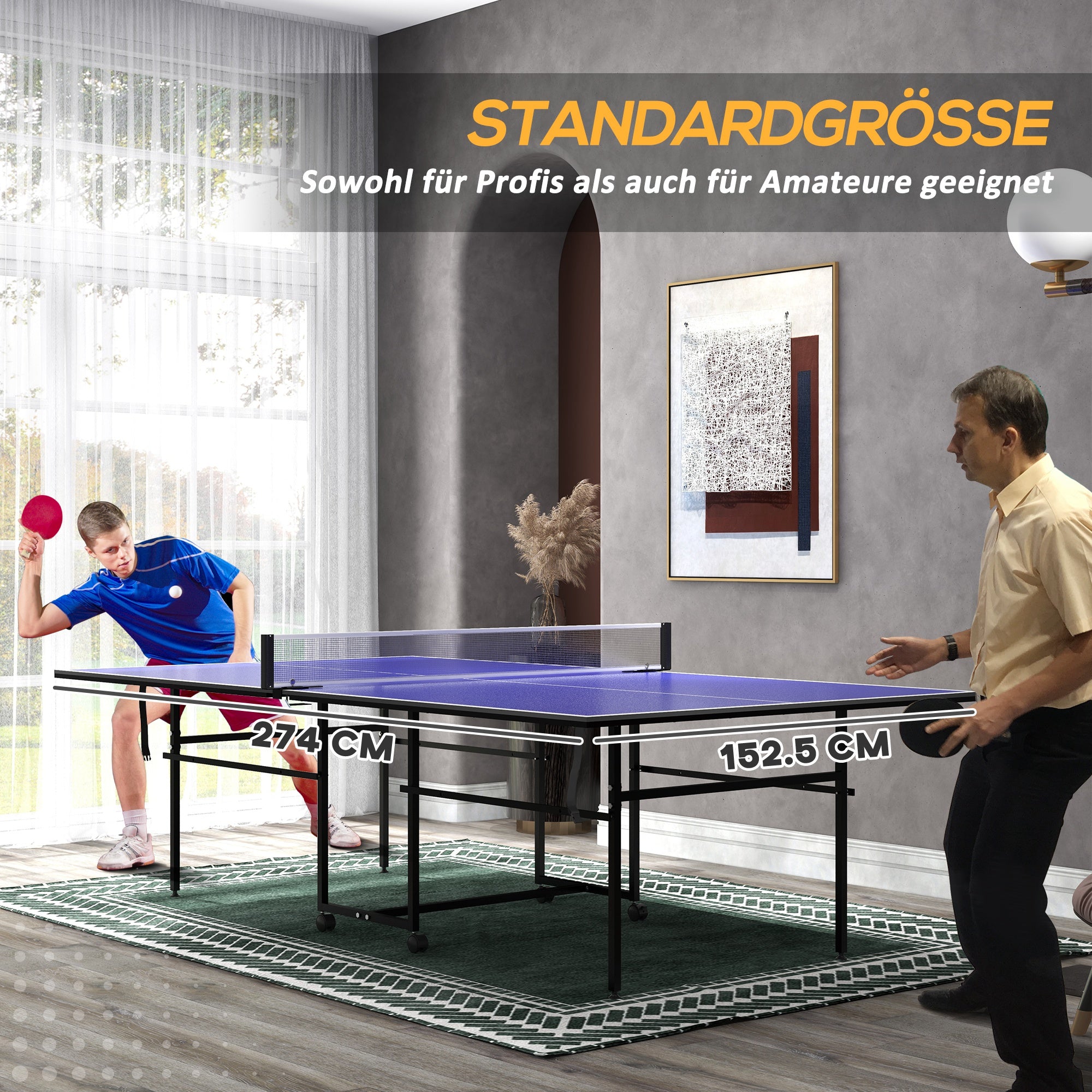 SPORTNOW Table Tennis Table, Folding Quarter Table Tennis Table with Wheels, Table Tennis Set with 2 Table Tennis Paddles, 3 Balls, Outdoor Indoor Steel, Blue, 274 x 152.5 x 75.5 cm