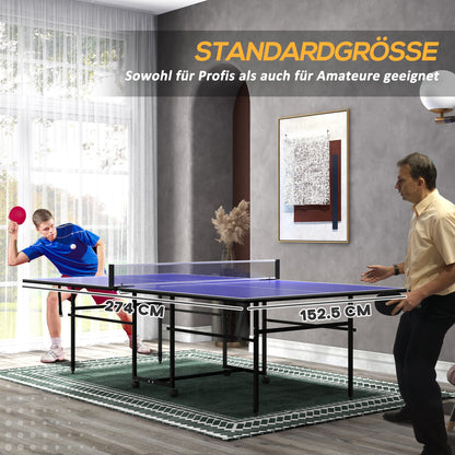 SPORTNOW Table Tennis Table, Folding Quarter Table Tennis Table with Wheels, Table Tennis Set with 2 Table Tennis Paddles, 3 Balls, Outdoor Indoor Steel, Blue, 274 x 152.5 x 75.5 cm